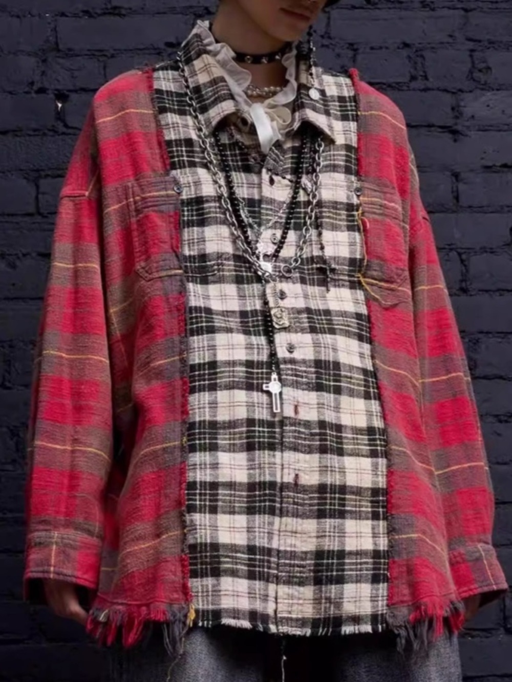 R13 Oversized Drop Neck Combo Workshirt in Red/Beige Plaid Size Small